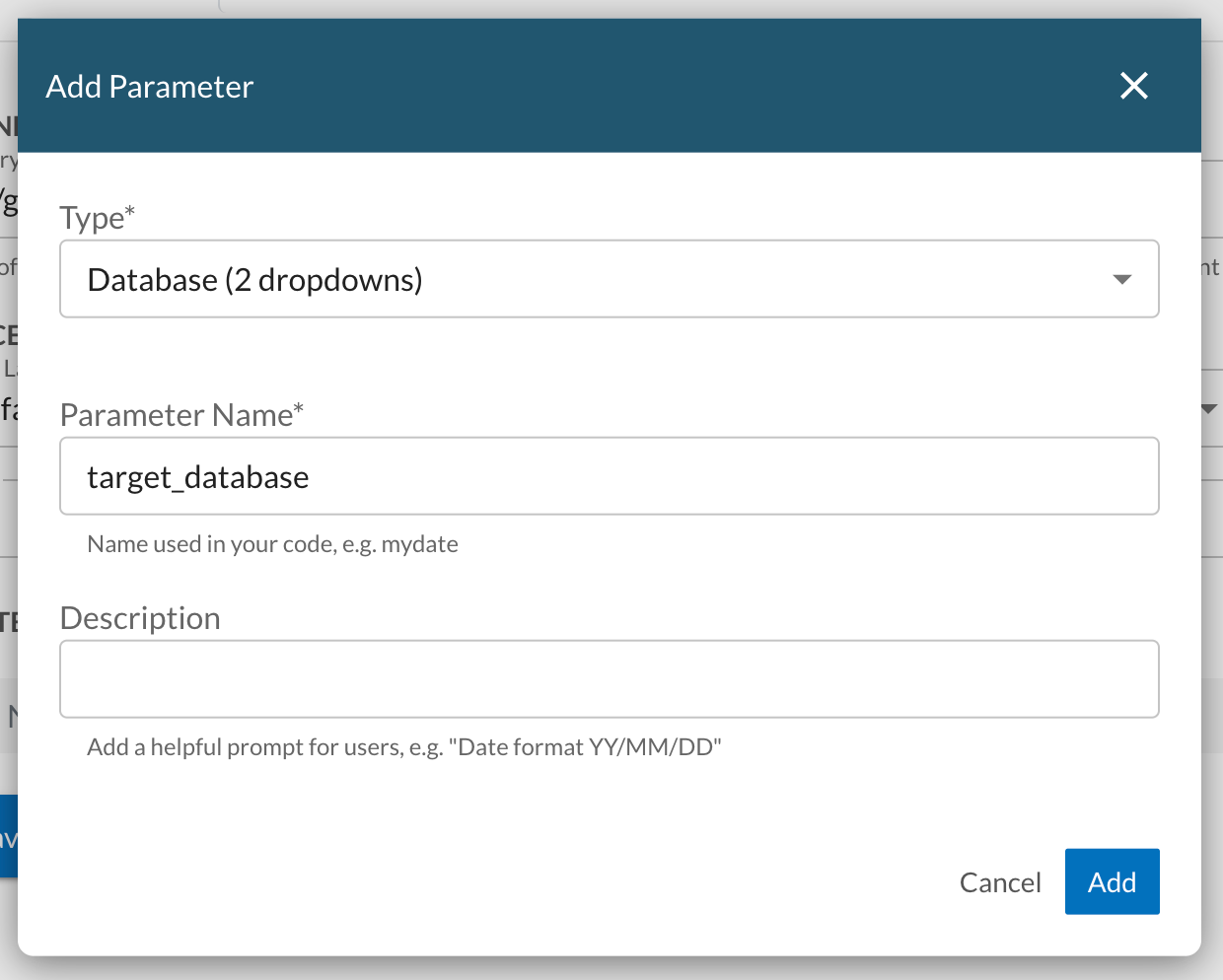 Add Parameter form with Database type selected, and parameter name "target_database"